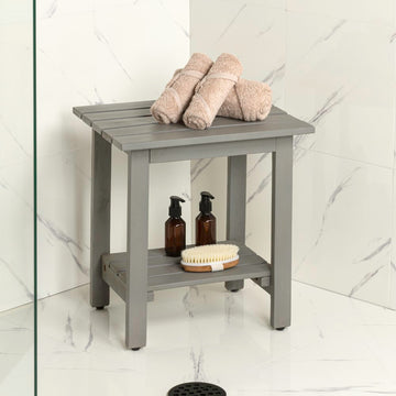 Kellie 16.1" Cottage Classic Slatted Solid Acacia Wood Indoor/Outdoor Shower Bench with Shelf